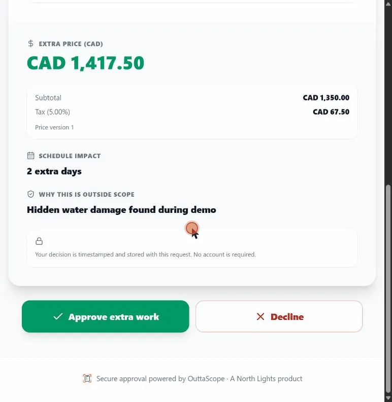 Short walkthrough of the customer approval page: reviewing the work and price, tapping Approve, and reaching the confirmation step