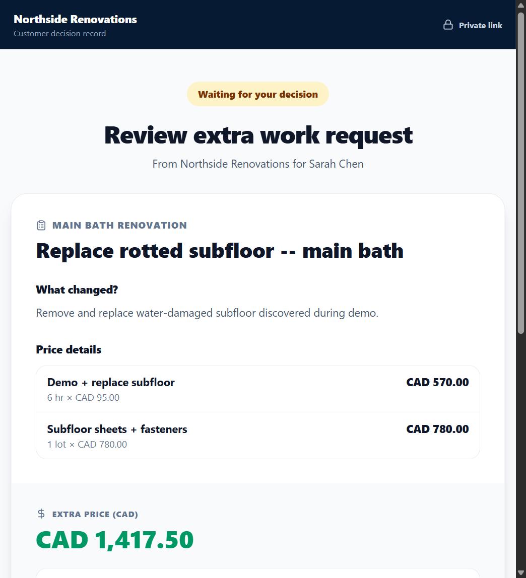 The customer approval page with the work description, price, and approve/decline buttons