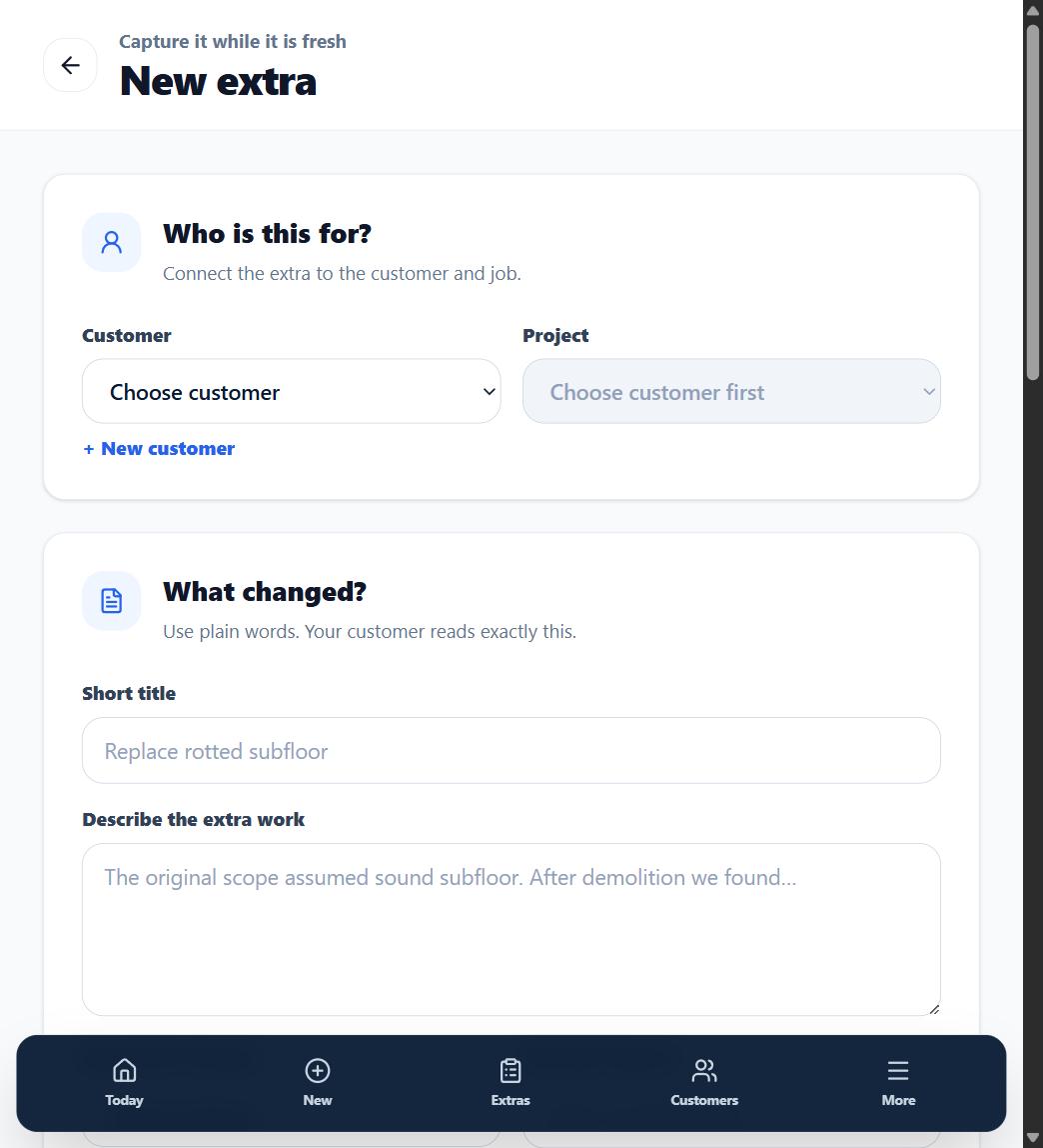 The New Extra form with title, description, and reason fields