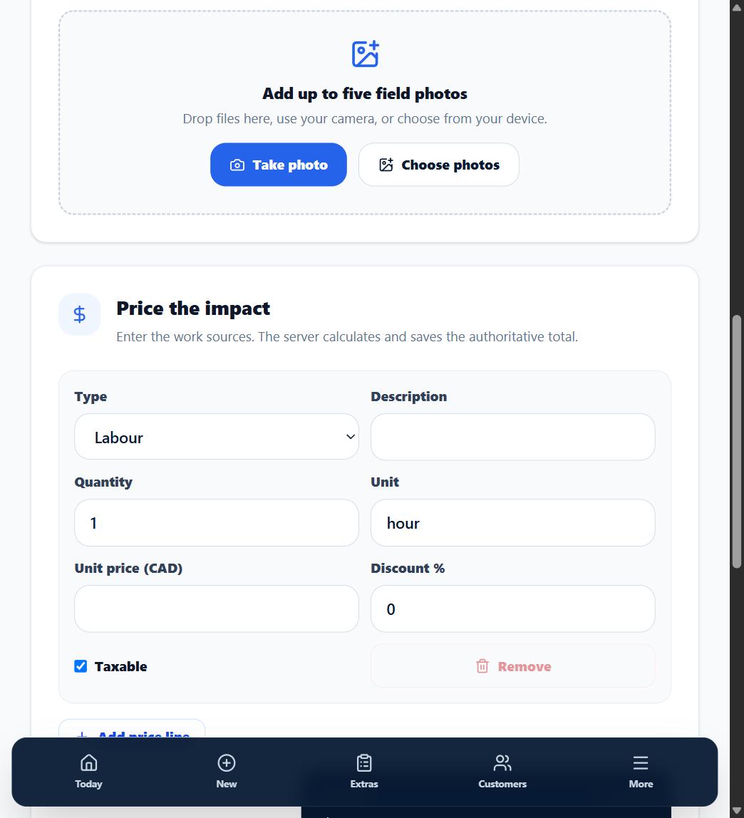 The photo picker in the New Extra flow with Take photo and Choose photos buttons, above the pricing section