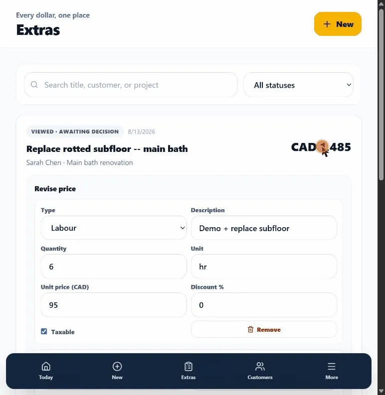 Short walkthrough: opening Revise price, changing a unit price, and watching the new total update live