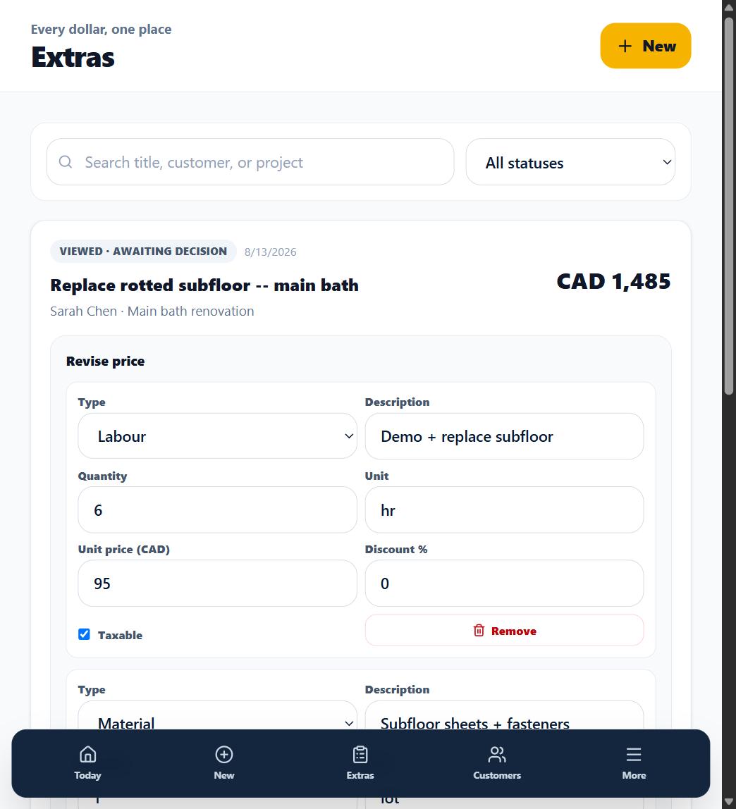 The inline Revise price editor open on the Extras screen with a live total preview