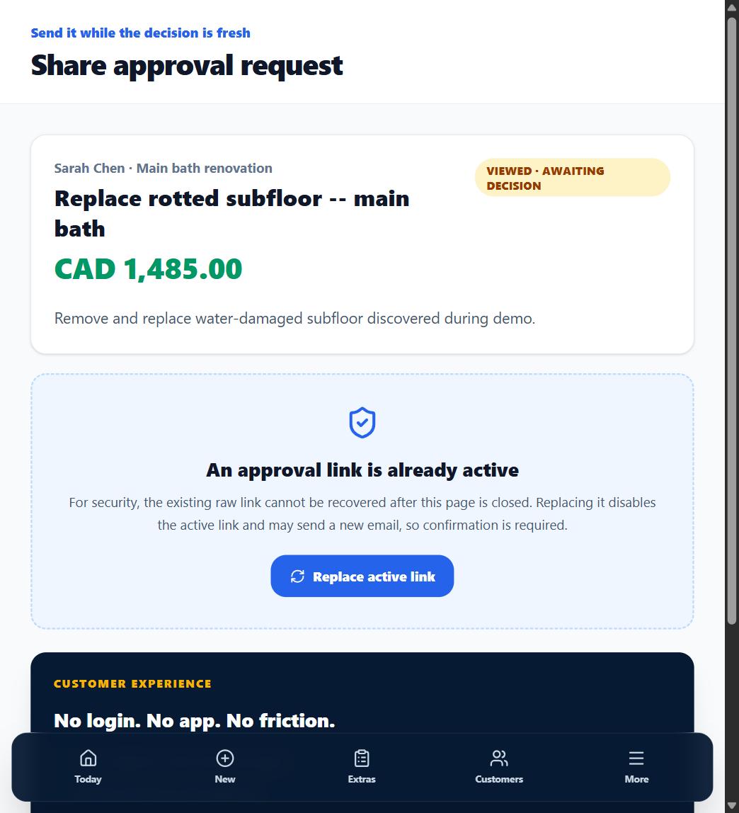 The send-approval screen with text, email, and copy-link sharing options