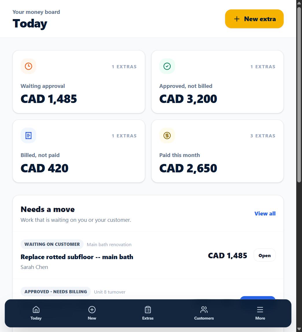 The Today dashboard showing captured extras and their statuses